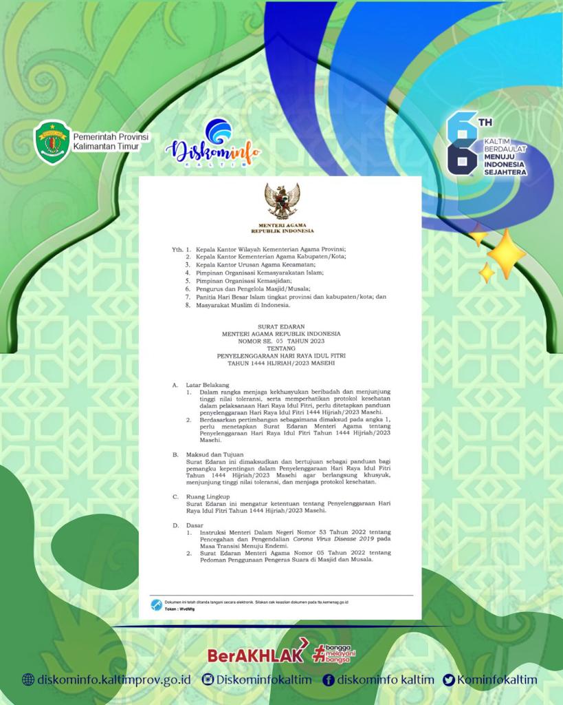 Menyambut Idul Fitri 1444H Menteri Agama Republik Indonesia telah mengeluarkan Surat Edaran terkait Penyelenggaraan Hari Raya Idul Fitri 1444H / 2023 M.